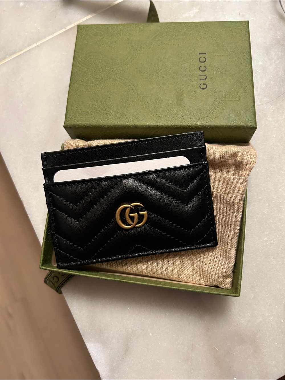 Gucci Black Quilted Leather GG Marmont Card Holder with Gold Hardware
